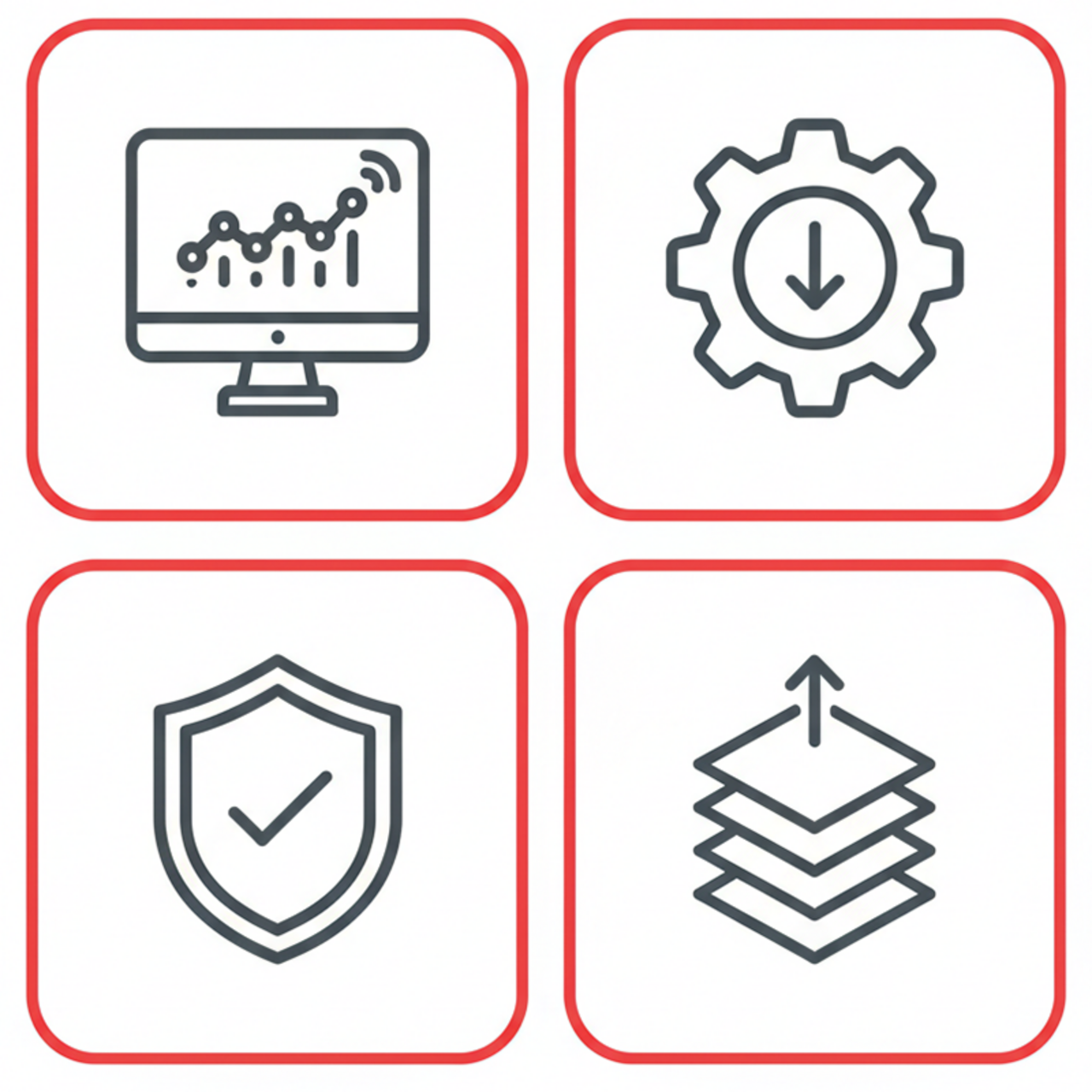 Four icons (dashboard, automation, quality seal, scalability) as an overview.
